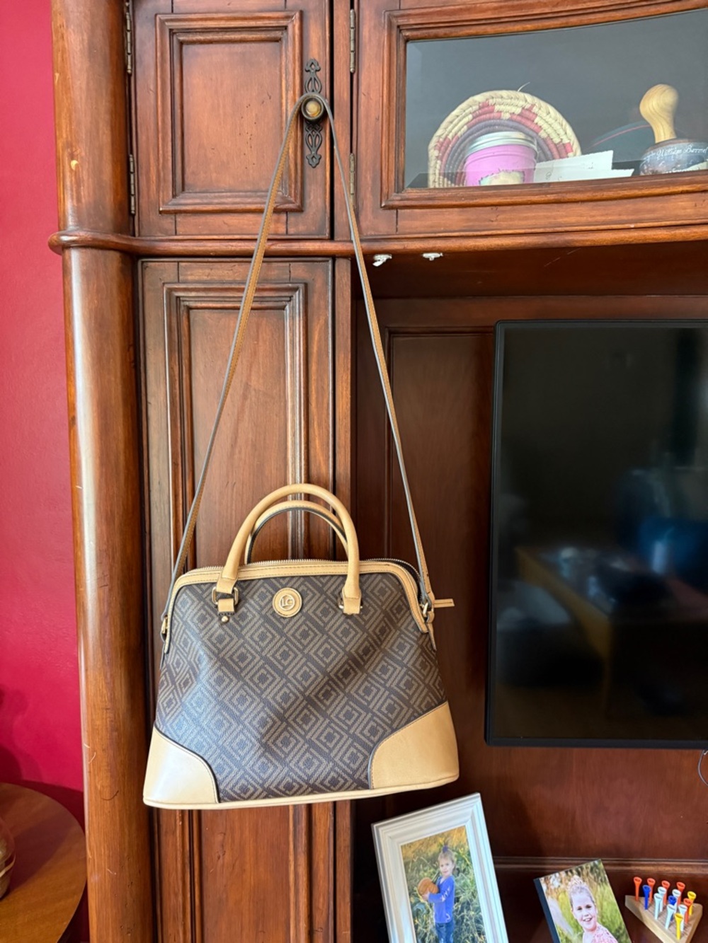 Liz Claiborne Brown & Tan Geometric Dome Satchel with Shoulder Strap